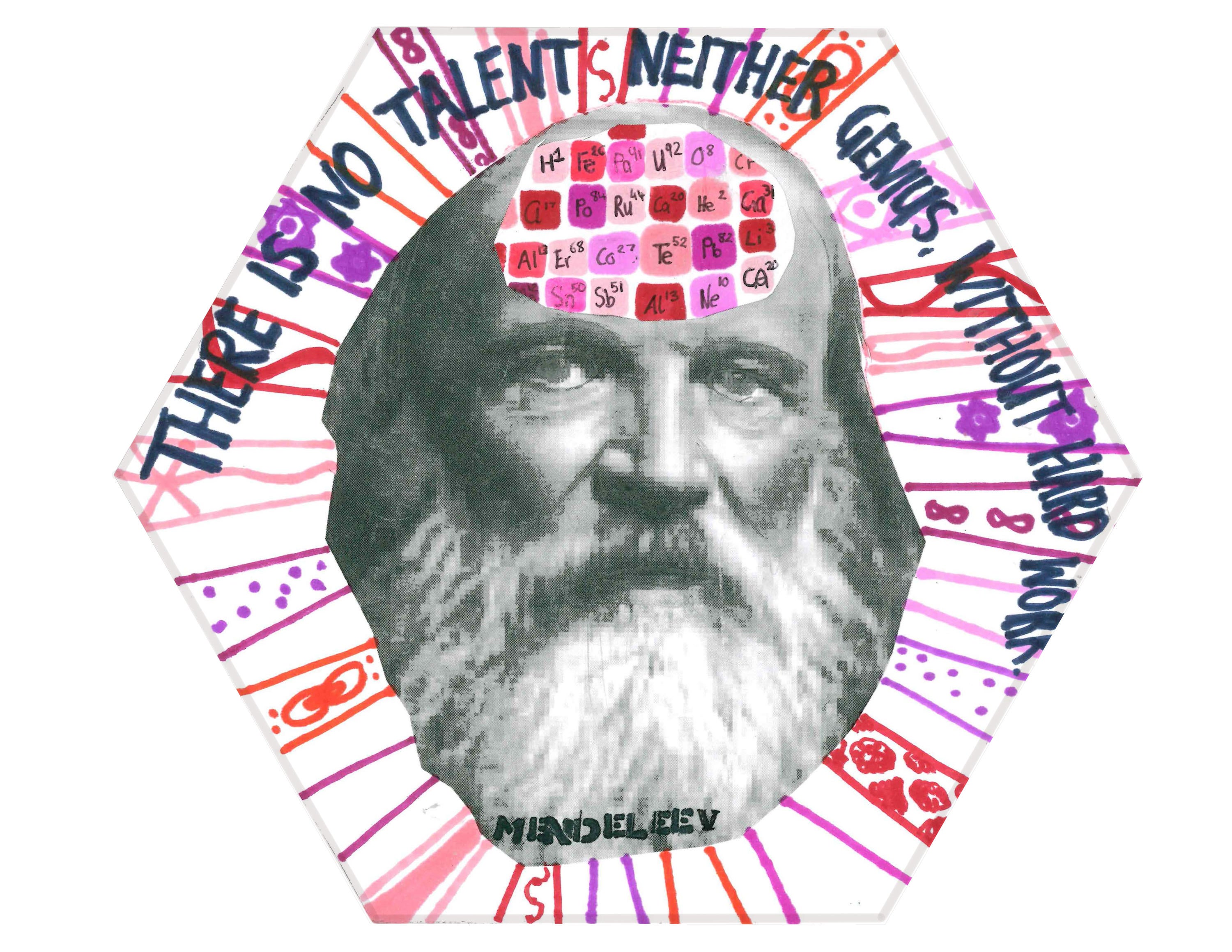Portrait of Mendeleev of Mendeleev with a periodic table on this head and caption that says “There is no talent neither genius, without hard work”