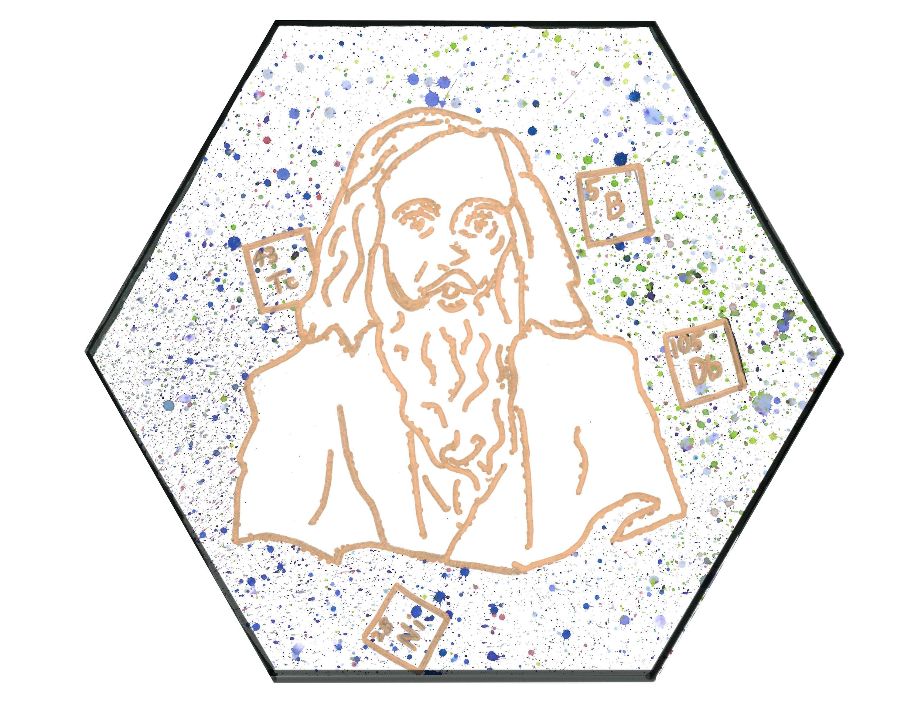 Outline of a portrait of Mendeleev with four elements in the background and paint splattering background