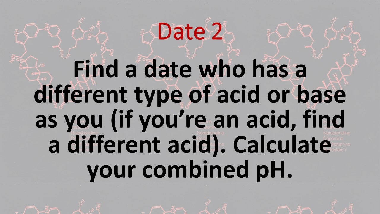 slide with &quot;Find a date who has a different type of acid or base as you (if you're an acid, find a different acid). Calculate your combined pH.&quot; 