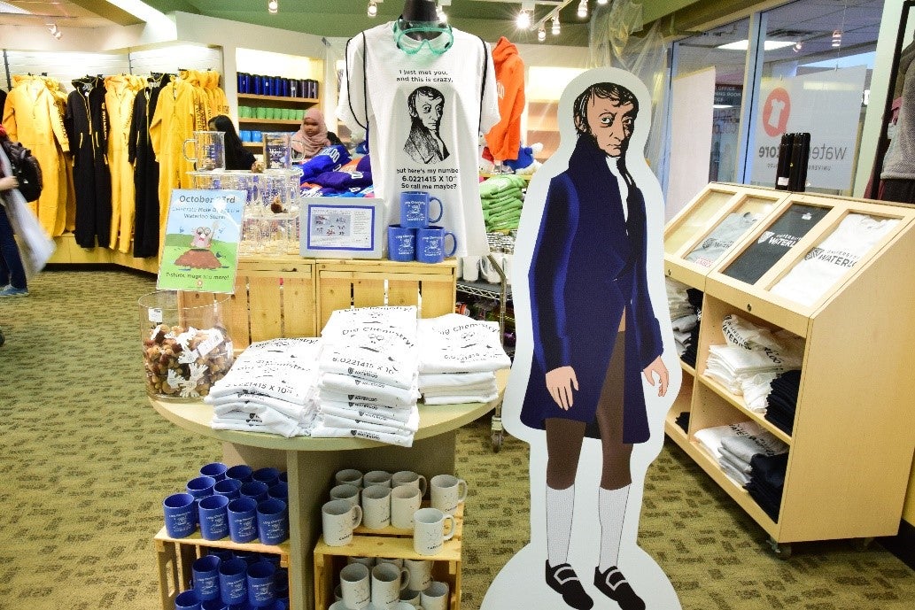 a photo of life-size cut out of Avogadro at Waterloo Retail store on campus