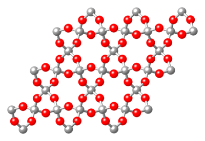red and white ball and stick structure showing network covalently bonds of silicon dioxide