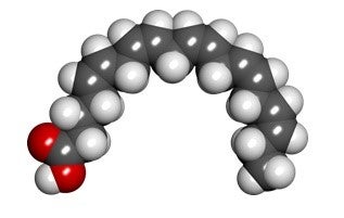 Space-filling representation of the eicosapentaenoic acid molecule.