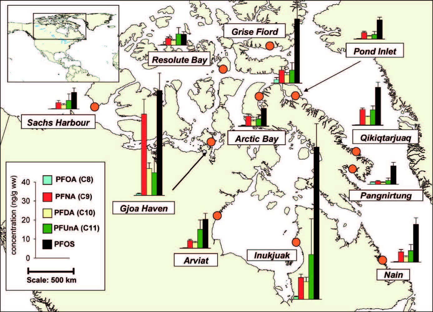 Concentrations ofperfluorooctanoic acid derivatives in sealliver near 11 Arctic communities