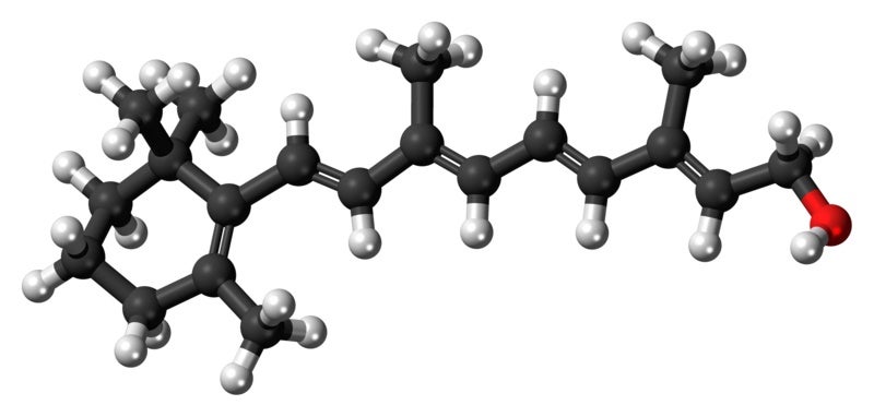 A ball-and-stick model of a vitamin A (retinol) molecule.