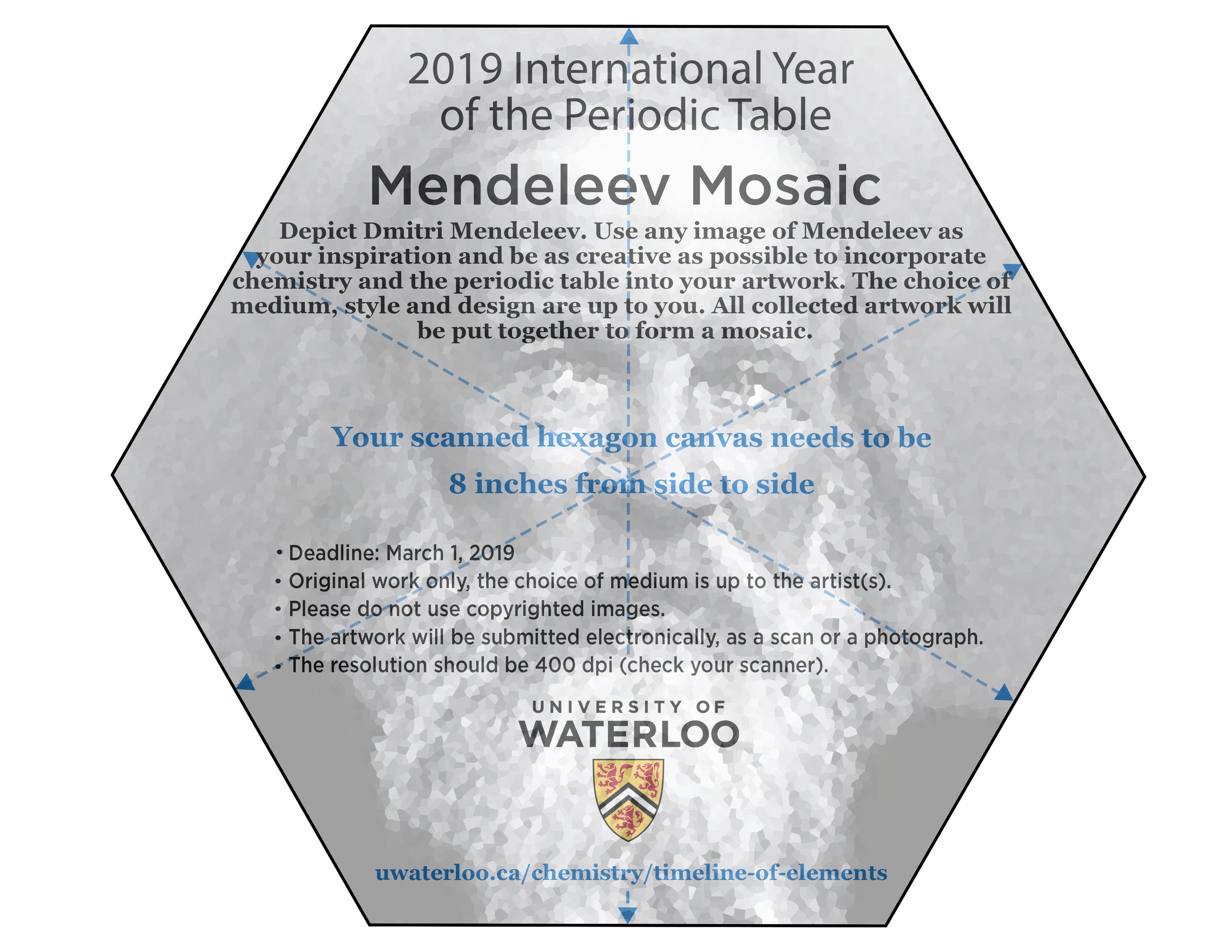 a hexagon with a black and white portrait of Mendeleev for the Mendeleev Mosaic