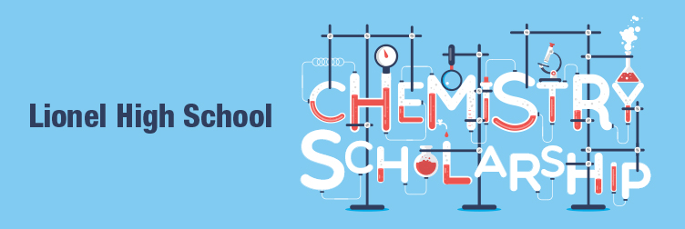 a logo for the Lionel High School scholarship showing a chemicals lab set up