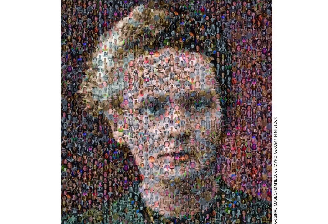 portrait of Marie Curie made up of tiny photos of women in chemistry