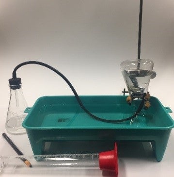 A Erlenmeyer flask with a rubber stopper connected to another Erlenmeyer flask that is set up to collect gas from the reaction in a downward displacement of water in a water trough.