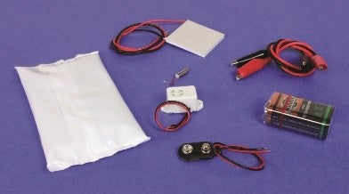 Educational Innovation Thermoelectric kit displayed with a battery, wires and connectors