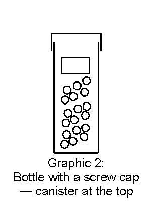 A graphic drawing of a cross-section of an ASA bottle with large rectangle on bottom and small spheres on top; spheres represent ASA pills and rectangle represents canister.