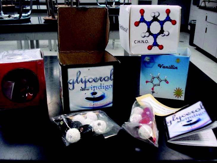 boxes and a molecule -- the boxes are all decorated with molecules - also a little booklet so it looks like a &quot;pet rock&quot; box except it is for molecules