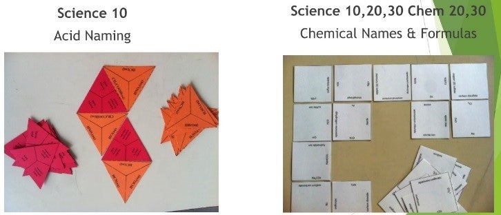 Puzzles including acid name rules, definintions with terms and examples for Grade 10 (left), and chemical names and formulas for Science 10, 20 , 30  Chem 20, 30 (right).