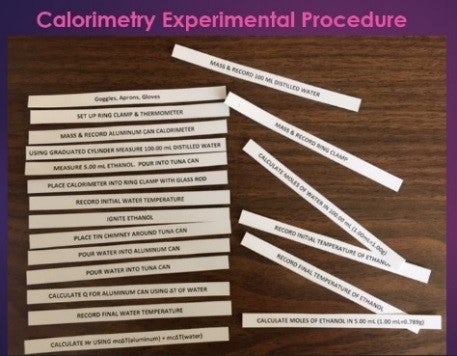 Example of Science strips, each strip of a paper with steps for conducting a calorimetric experiment and hormone feedback loops, which challenge students to put steps in the right order.