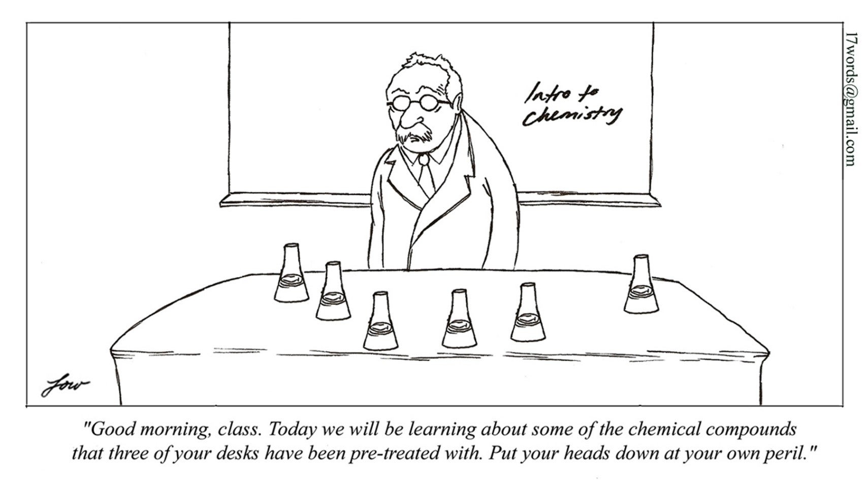 an old professor in front of the class with several flask