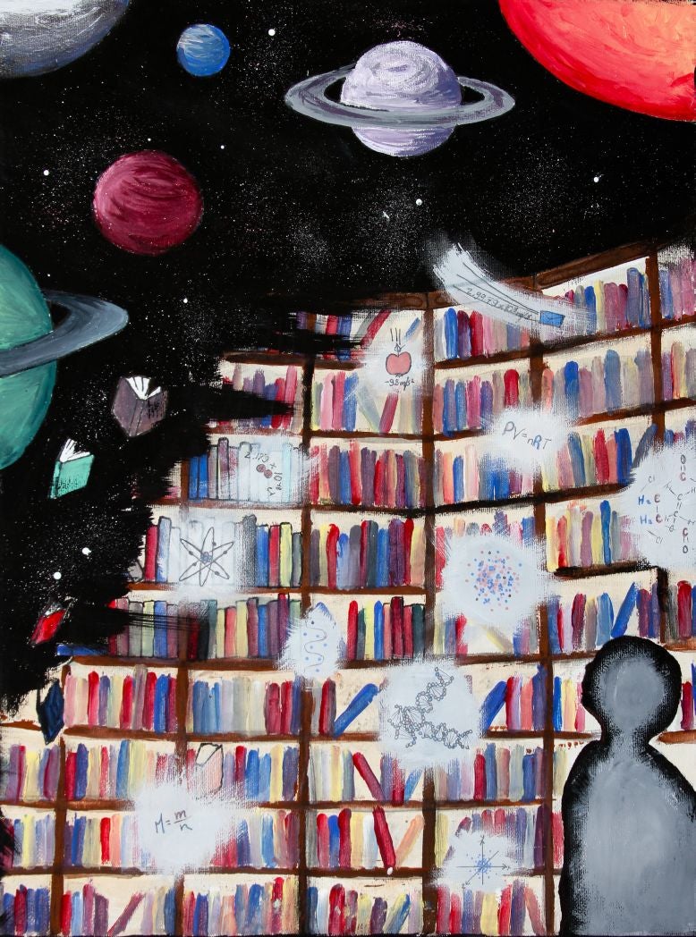 a painting of a library of books but room is the solar system