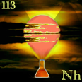 erlenmeyer flask with hot air balloon coming out with a sun in the backgound