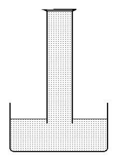 A graphic of a graduated cylinder filled with water and inverted into a basin of water.