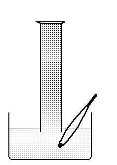 A graphic of water-filled graduated cylinder inverted in a basin of water with a tweezers holding a small sphere in the water below the cylinder.