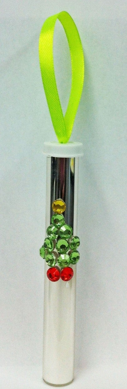 a test tube that has been silvered and made into a Christmas tree ornament with a green ribbon 