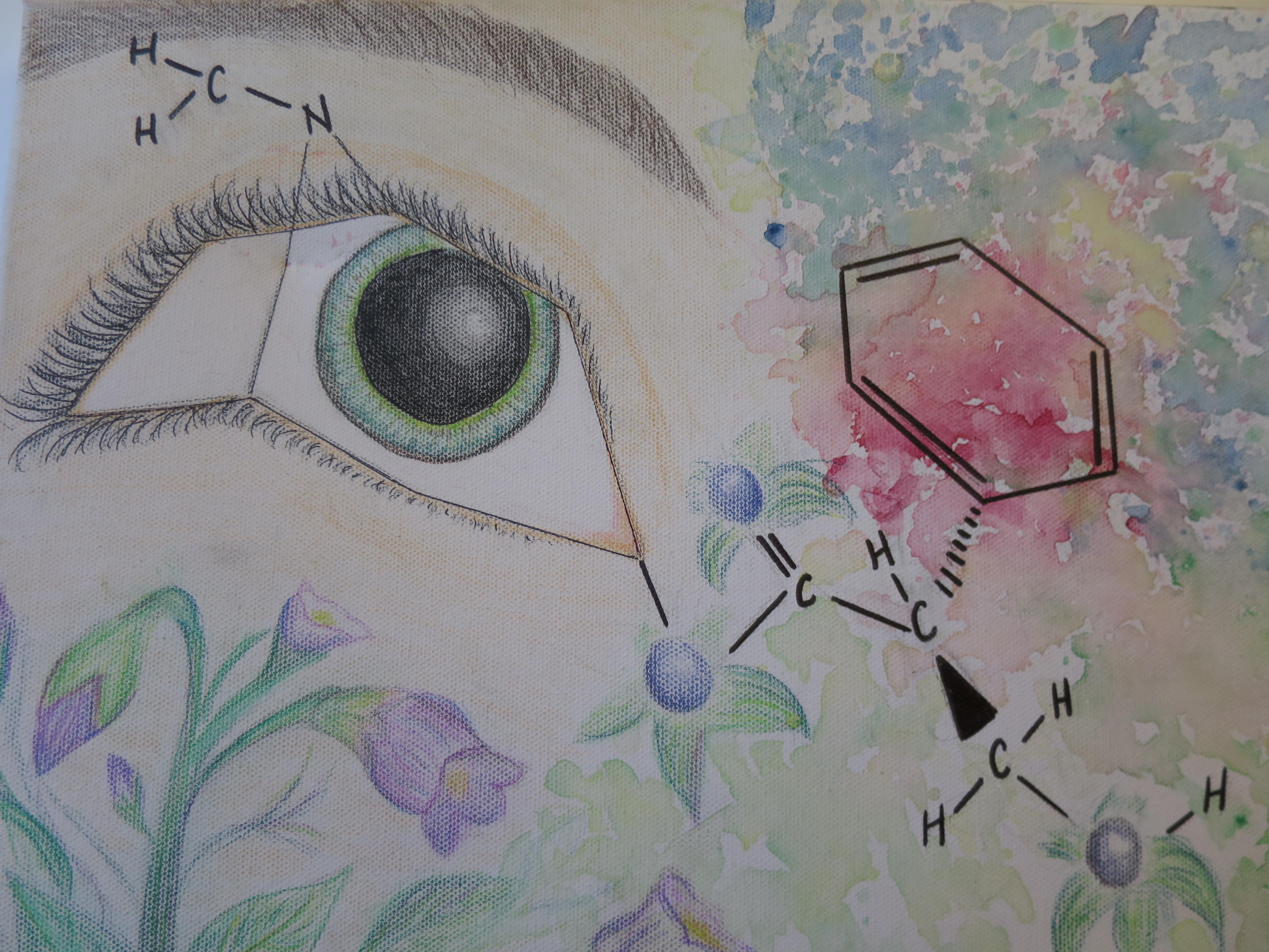 a painting of an eye with an organic molecule coming out