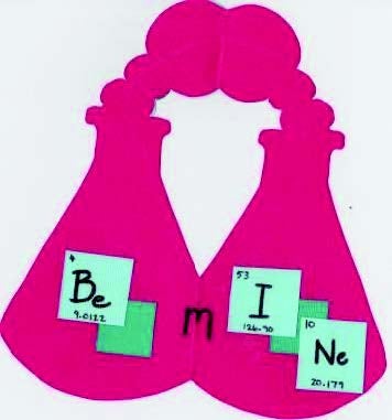 Valentine with two beakers with gases coming out fo each to form together in a Valentine 