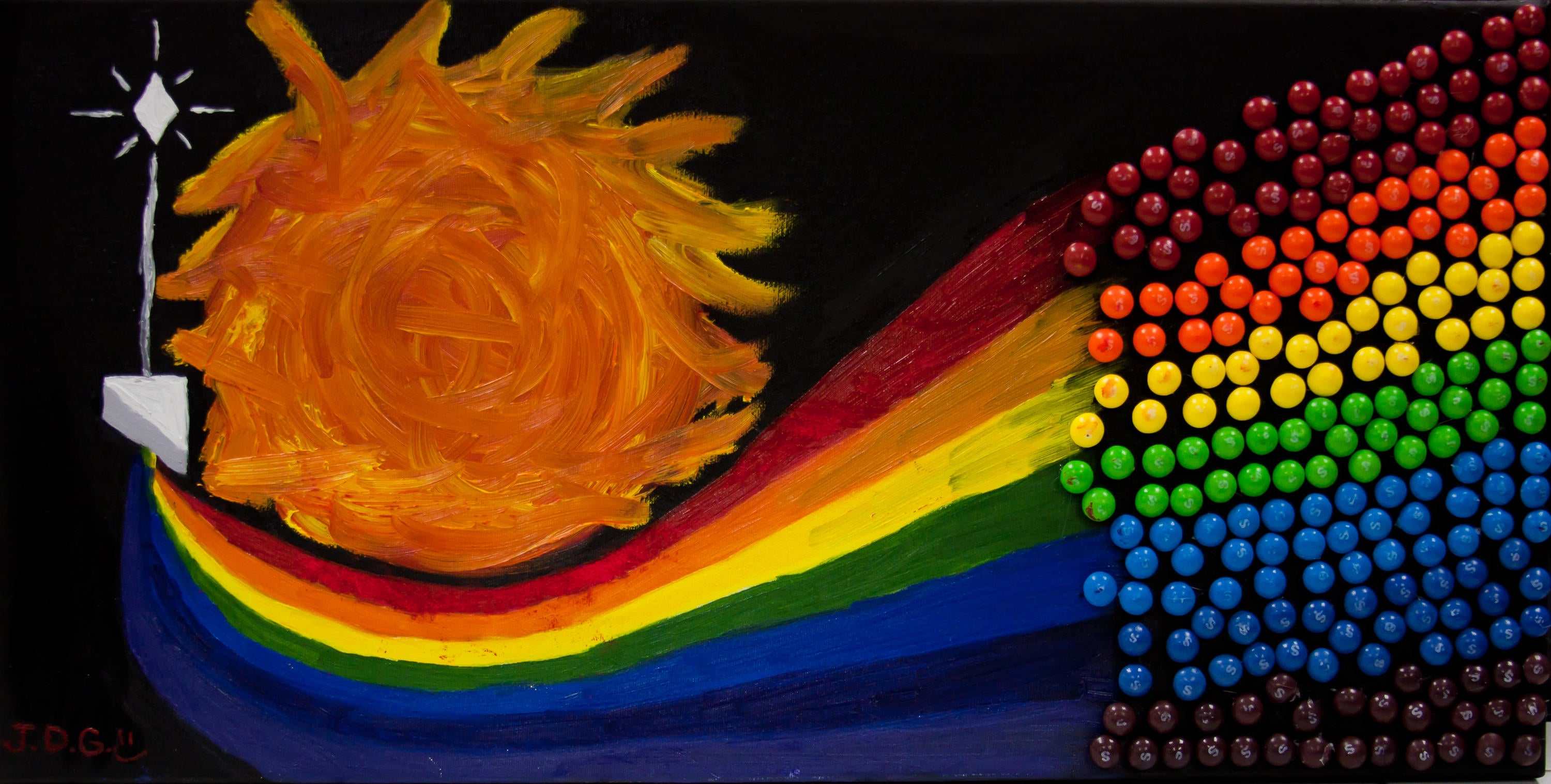 artwork showing a sun and colourful M &amp; M candies in a rainbow formation coming together in a prism