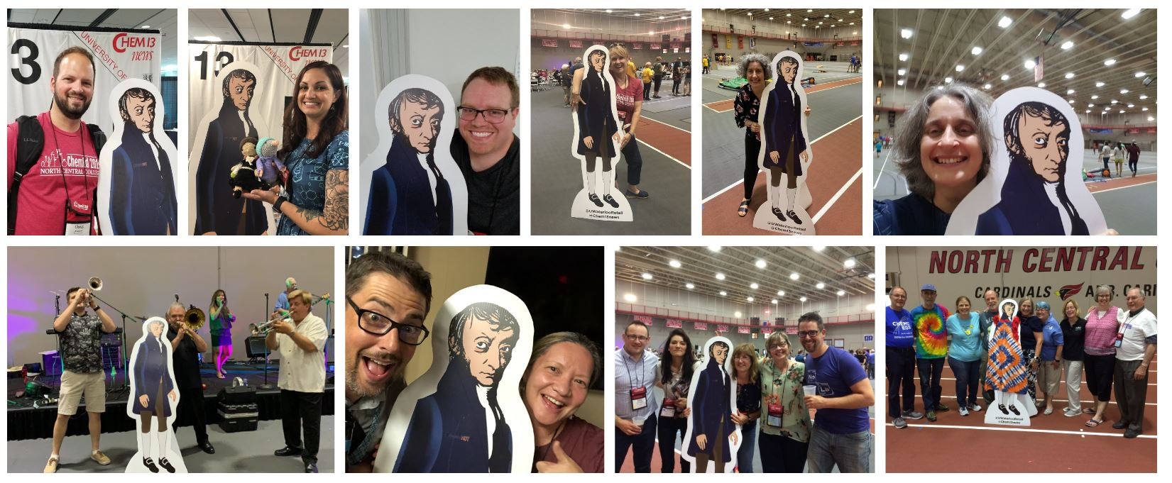 A collection of pictures from ChemEd 2019 showing Avogadro the cutout with various attendees.