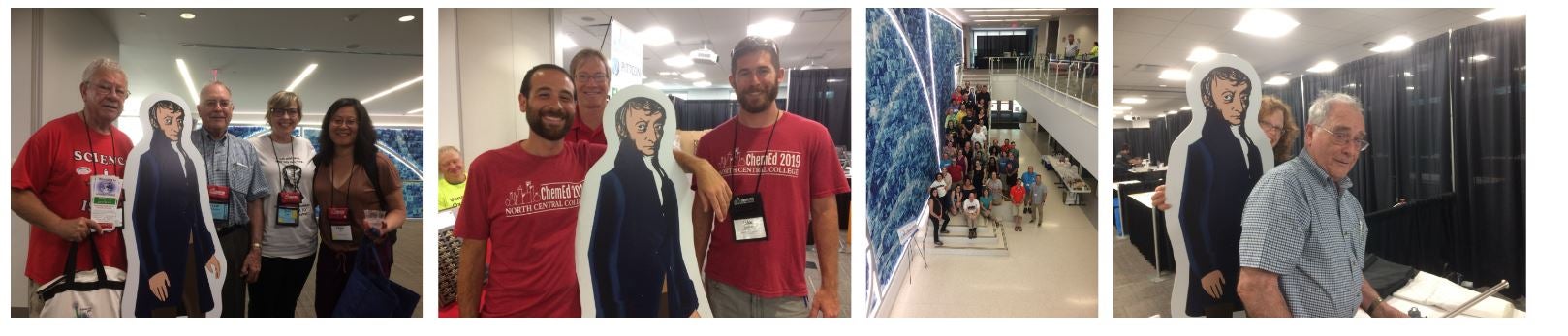A collection of pictures from ChemEd 2019 showing Avogadro the cutout with various attendees.