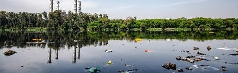 lake with plastic waste pollution