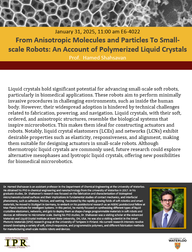 flyer for talk by Hamad Shahsavan on the uses of polmerized liquid crystals