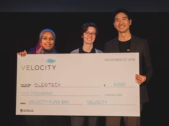 Zeinab Sidahmed, Cassidy Molloy and Gene Shim collect their Velocity Fund Finals award.
