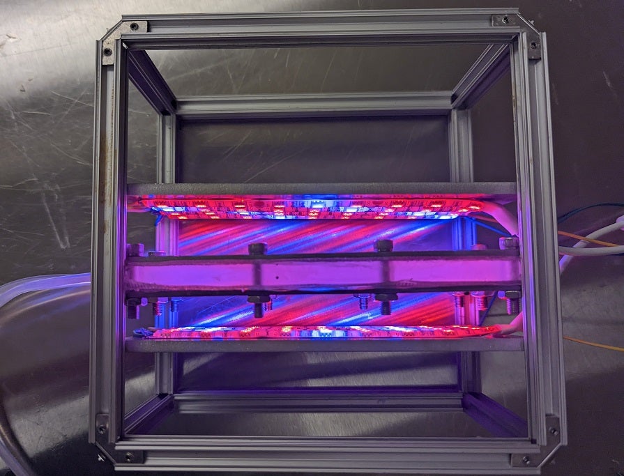 Metal frame with red and blue LED lights