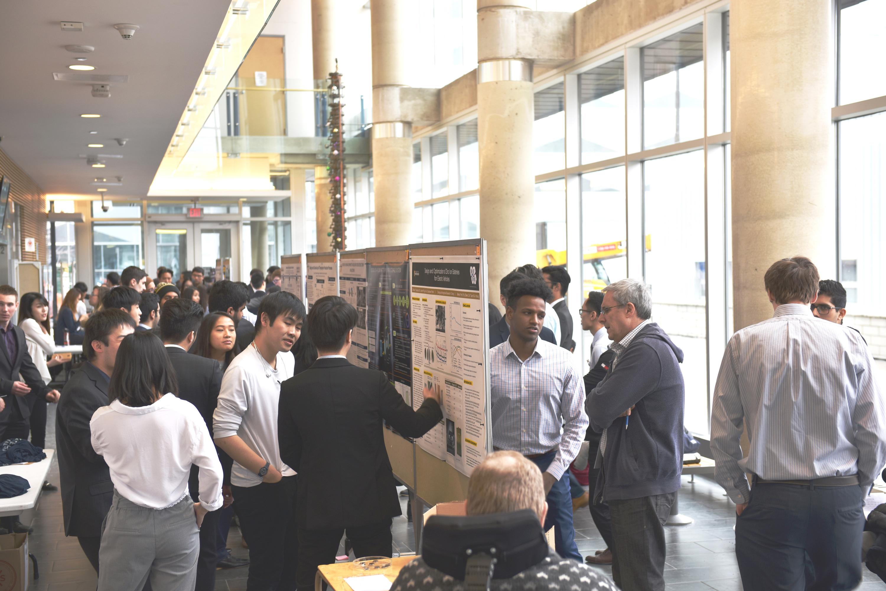 The Engineering 6 atrium provided a bright backdrop for lively discussion at the CHE Capstone Design Symposium on March 12, 2018