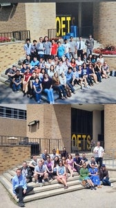 a group of young people on steps below many from the same group on the same stairs but 15 years older