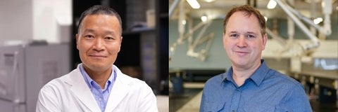 Juewen Liu and Pierre-Nicholas Roy in lab