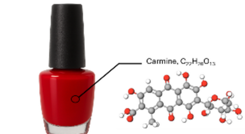 Nail polish bottle containing Caramine displayed with the ball and stick model of the molecule,