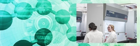 Two students in chemistry lab with green molecules background