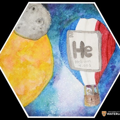 Watercolor on paper. The sun and moon depicted on the left and a hot air balloon with the French flag and chemical symbol “He” on the right. A magenta glow separates the images.