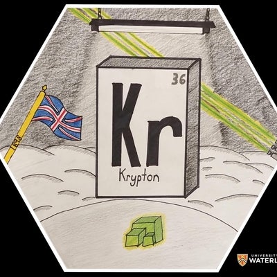 Pencil and ink on white paper. Centre is the periodic table tile as a 3-d cube with chemical symbol “Kr”, “krypton”, and “36”. Above hangs a fluorescent light. Left is the British flag with “1898” on the mast. Right are three laser beams shooting behind the tile. Krypton as green crystal cubes are at the bottom. Background shows shaded hills and sky.