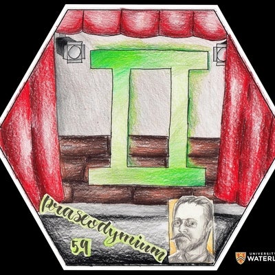 Coloured pencil on paper. A large Roman numeral two (“II”) appears centre in green. Behind it is a stage with curtains and lights. At the bottom left are “praseodymium” and the atomic number “59”. Portrait of Carl Auer Von Welsbach appears bottom right.