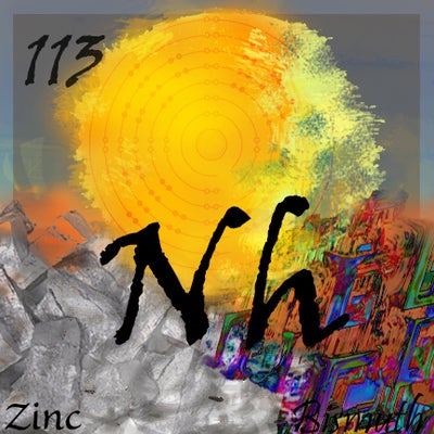 elemental tile of nihonium painted with an abstract sun coming together from silver coloured zinc and multi-coloured bismuth 