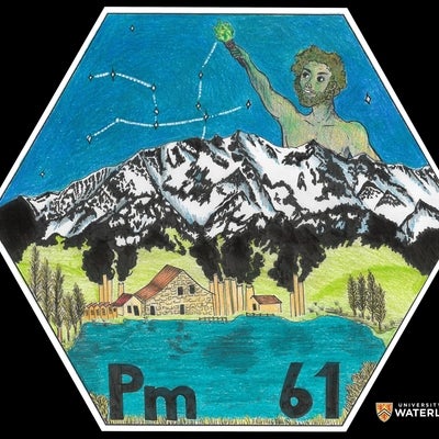 Coloured pencil and ink on blue background. Colourful mountain scene with an industrial town by the lake. Smokestacks from the town bleed into the mountain relief. In the sky, Prometheus points to his constellation using a torch. Bottom is the Chemical symbol “Pm” and atomic number “61”.