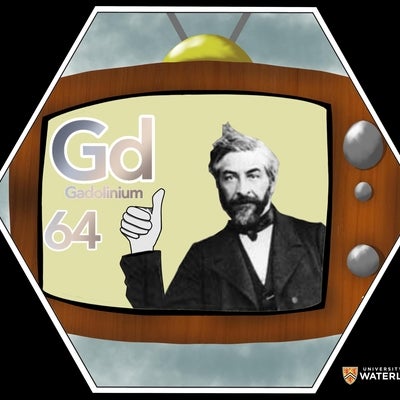 Digital composite. Background is an old fashioned television. Inside the screen is the chemical symbol “Gd”, “Gadolinium”, and “64”. To the right is Jean Charles Galissard de Marignac giving a thumbs up.