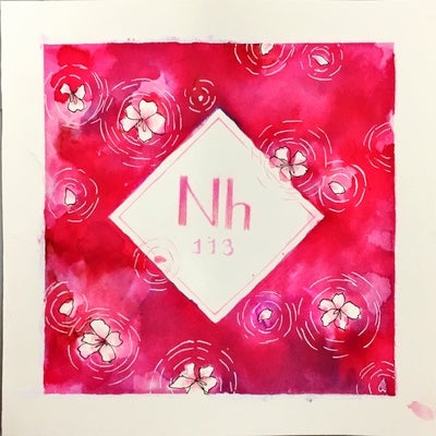 elemental tile of nihonium in bright pink watercolours showing cherry blossoms 