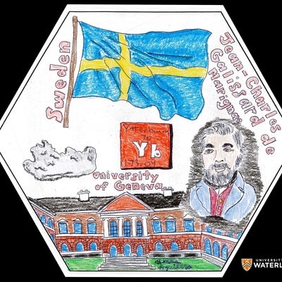 Coloured pencil on white paper. Centre is periodic table tile of ytterbium in bright orange, which includes “70”, “Yb”, “Ytterbium”, “173.04”. Additional illustrations include the Swedish flag above, an illustration of the University of Geneva across the bottom, and Jean-Charles Galissard de Marignac, right.