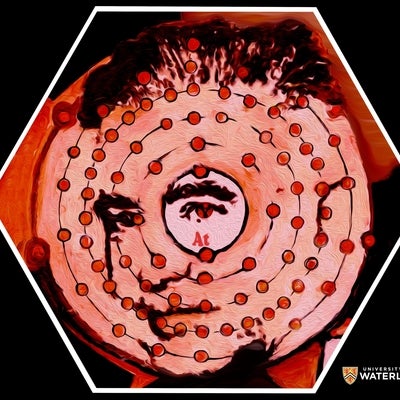 Oil on canvas, in orange black and white. A Bohr model of astatine dominates the artwork overlaying a portrait of Emilio Segre, with his left eye as the nucleus. The chemical symbol “At” also appears at the centre of the atom. A radioactive symbol radiates out from the centre in the background. Atomic number ”85” appears in the lower right corner.