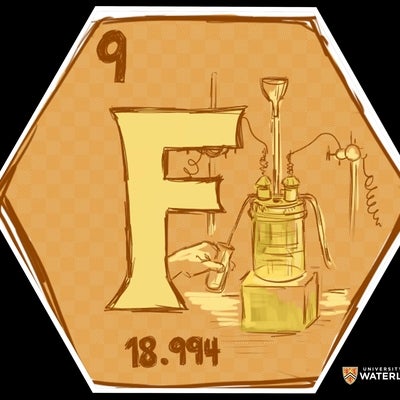 Digital illustration in yellows and oranges. Chemical symbol “F” appears centre. Above “9”. Bottom “18.994”. Background shows electrolysis experiment used to generate fluorine.