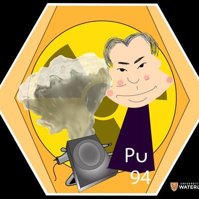 Digital composite on orange background. A cartoon head of Glenn Seaborg centre next to a device that represents a cyclotron with a nuclear mushroom explosion above. In the background is a large radioactive symbol. Chemical symbol “Pu” appears below with “94”.