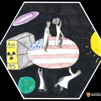Crayon and pencil on paper. An atomic bomb colored as an American flag centre. Two scientists are riding on top and two below are carrying the bomb. On the bomb’s tail is printed “Am”, a radioactive symbol and “95. In the corners of the black background are the planet Earth, our sun and the Milky Way.