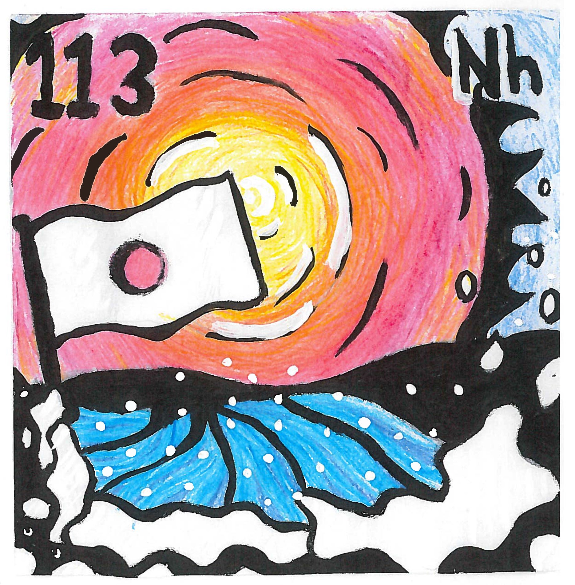 elemental tile of nihonium draw with pencil crayons with a sunset and Japanese flag  